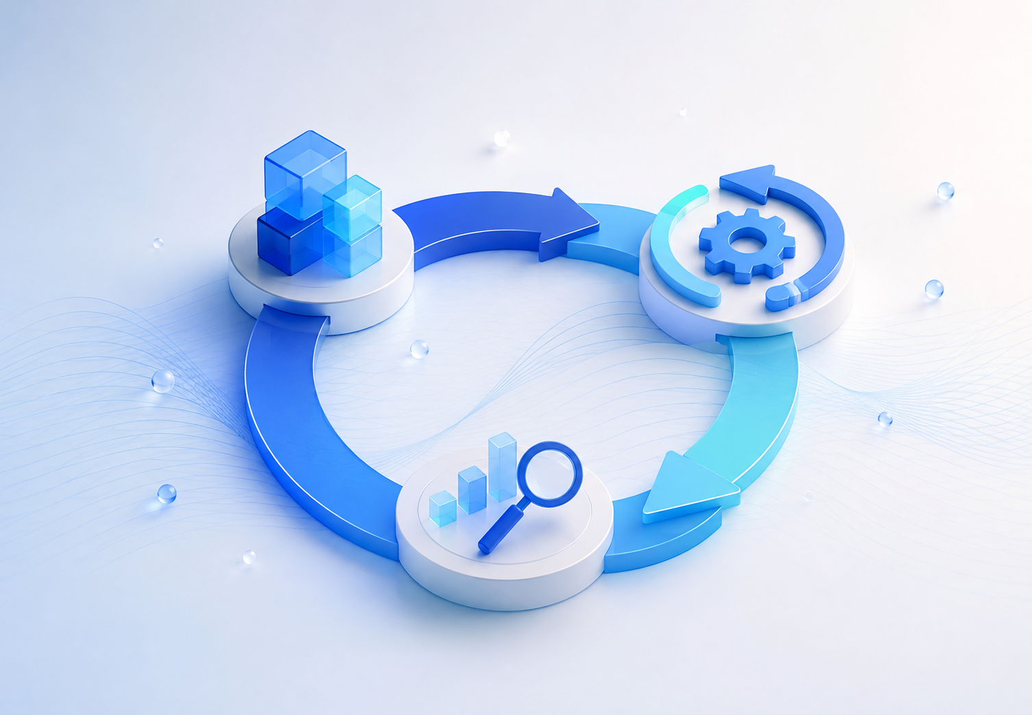 3D illustration of a continuous cycle diagram with build, analyze, and iterate stages connected by arrows