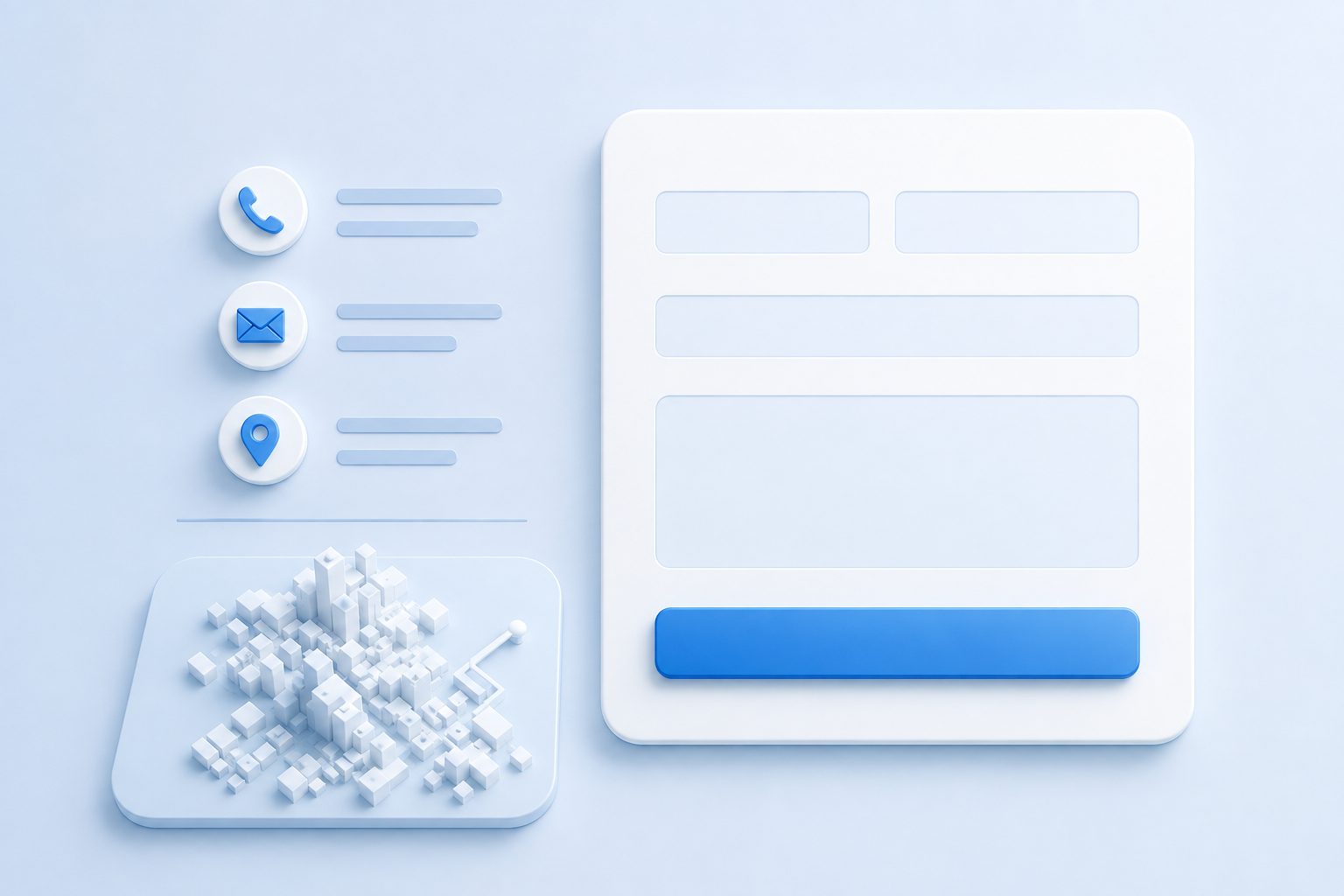 Minimalist white isometric 3D map of a city grid on a light blue background