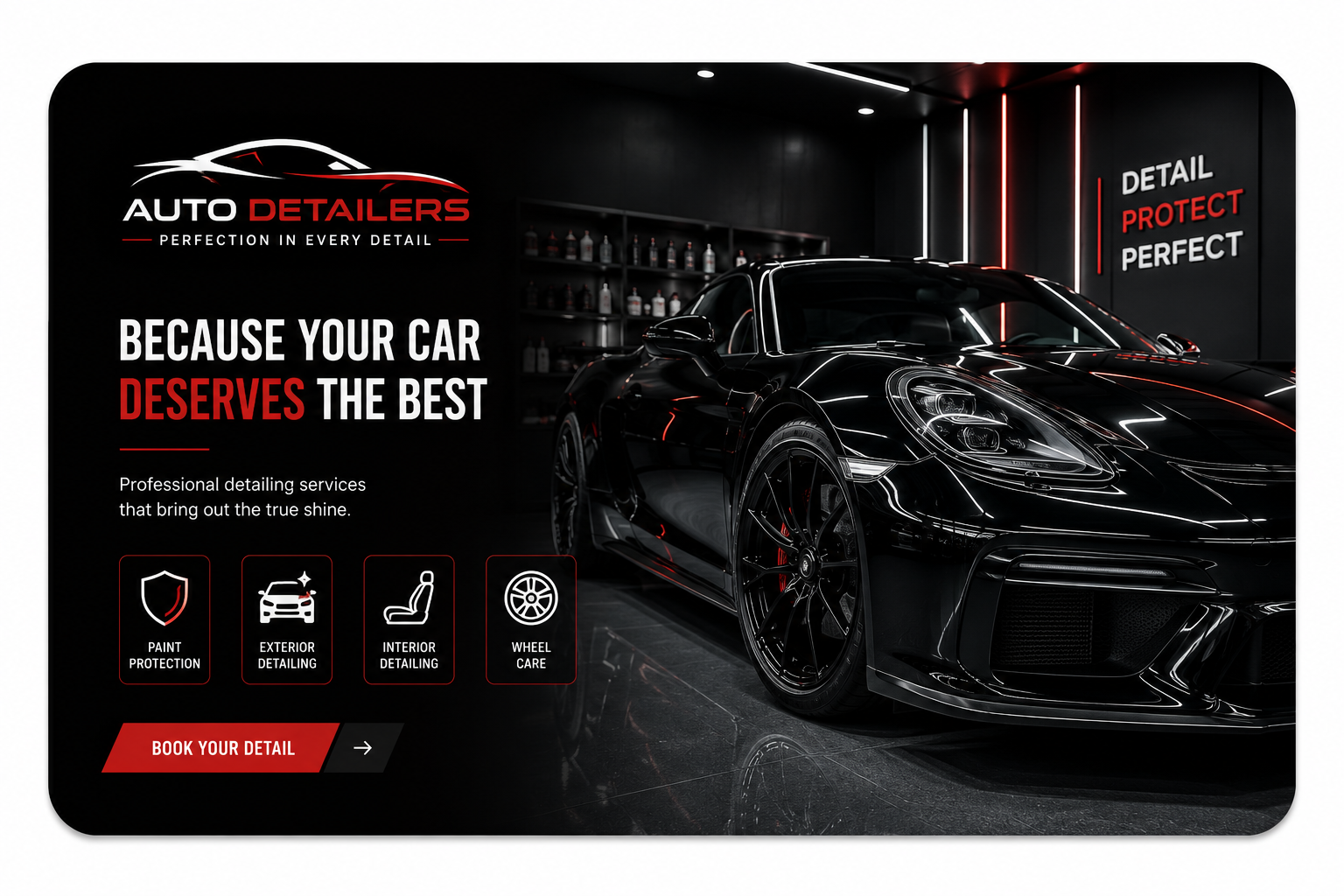 Auto Detailers website hero image featuring a glossy black sports car in a professional detailing studio