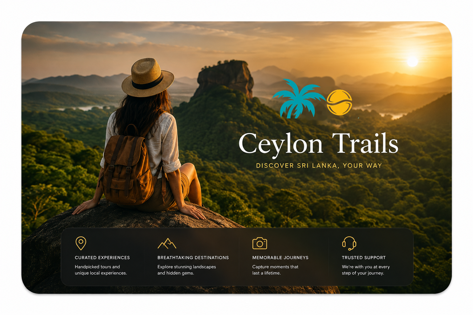Ceylon Trails travel website hero image of a traveler overlooking misty mountains at sunset in Sri Lanka