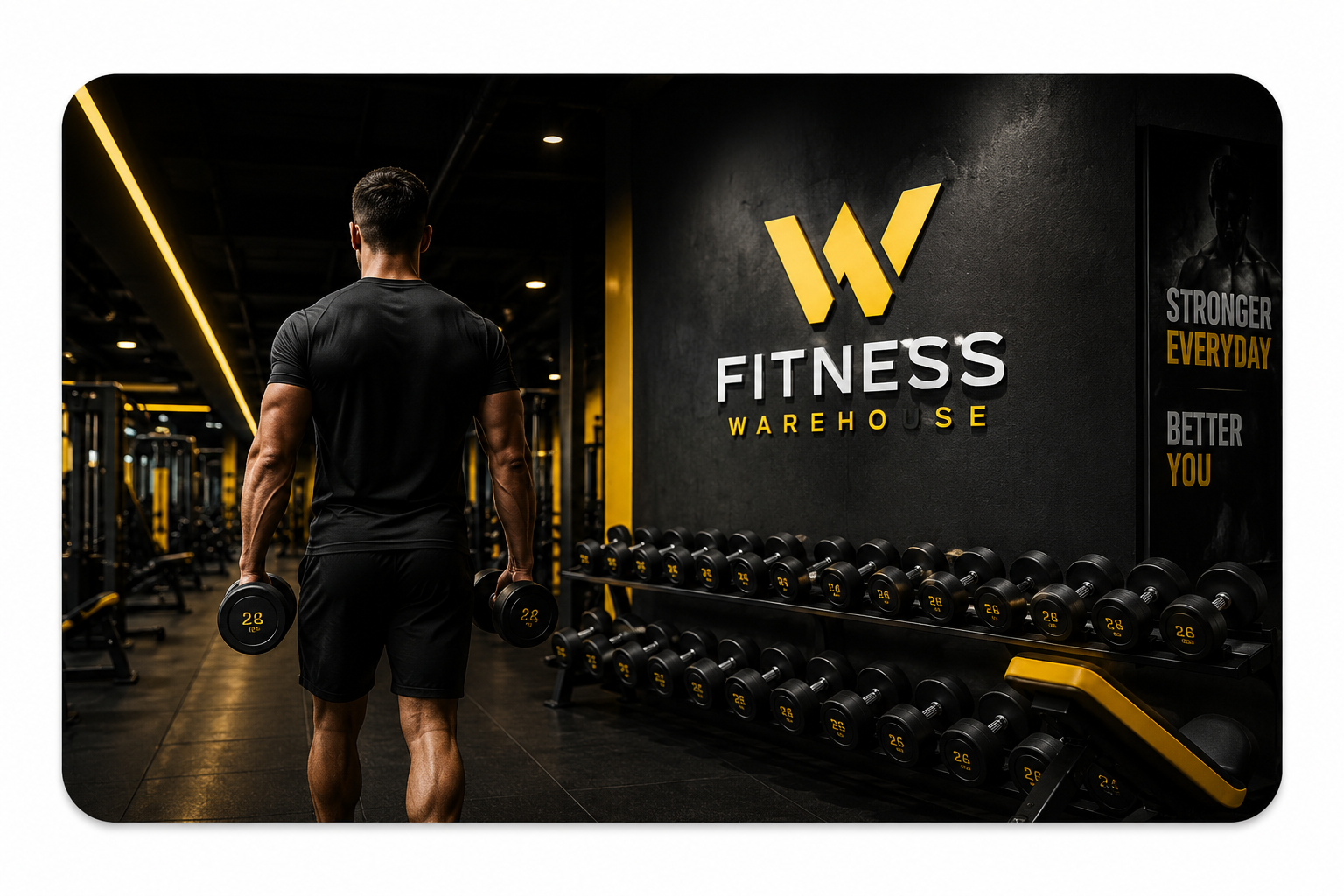 Fitness Warehouse branded gym interior with a rack of dumbbells and motivational signage
