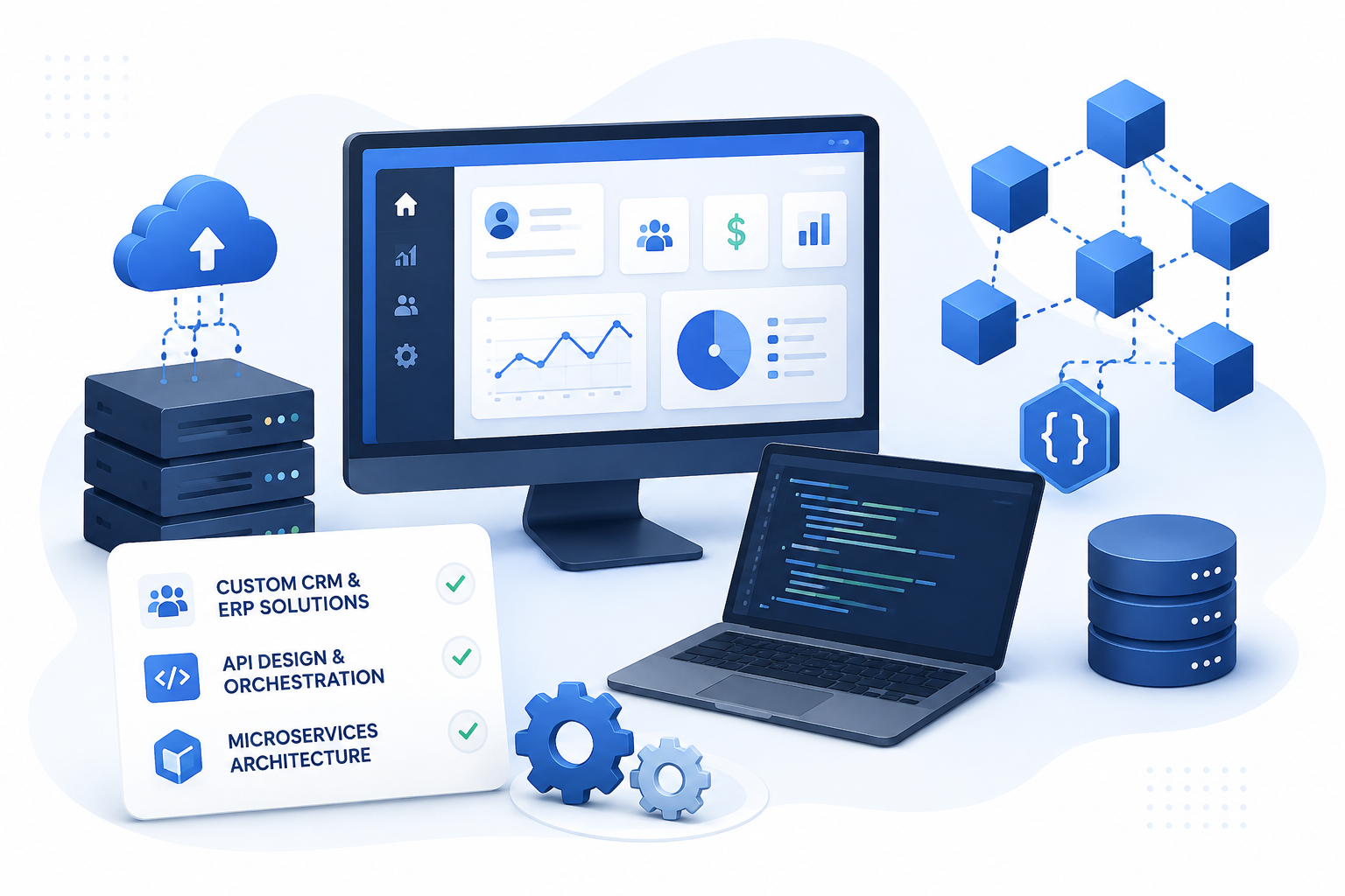Desktop dashboard and laptop showing a CRM interface alongside a checklist for CRM/ERP, API design, and microservices architecture