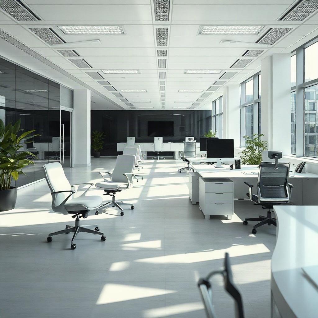 Cinematic photo of a modern bright office space with empty designer chairs
