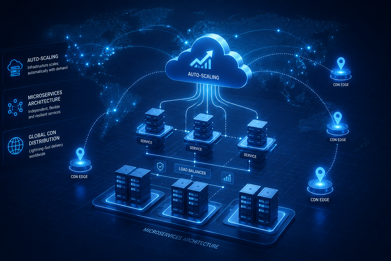Diagram of auto-scaling cloud infrastructure with microservices architecture and global CDN edge distribution across a world map