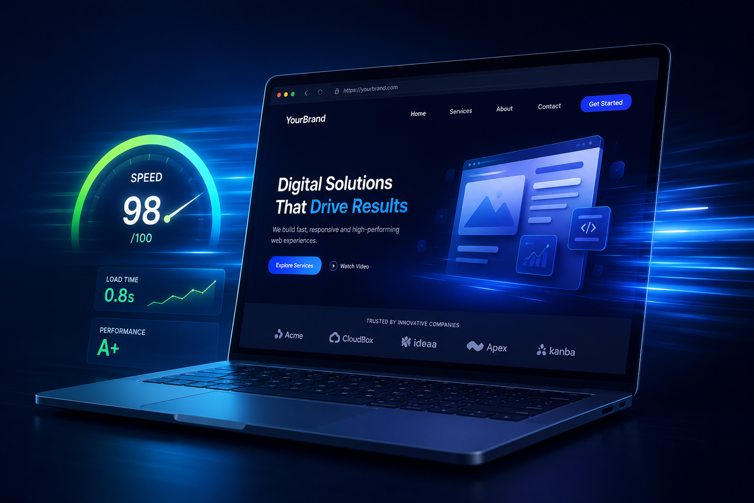 Laptop displaying a website performance dashboard with a speed score of 98/100, 0.8s load time, and A+ performance rating