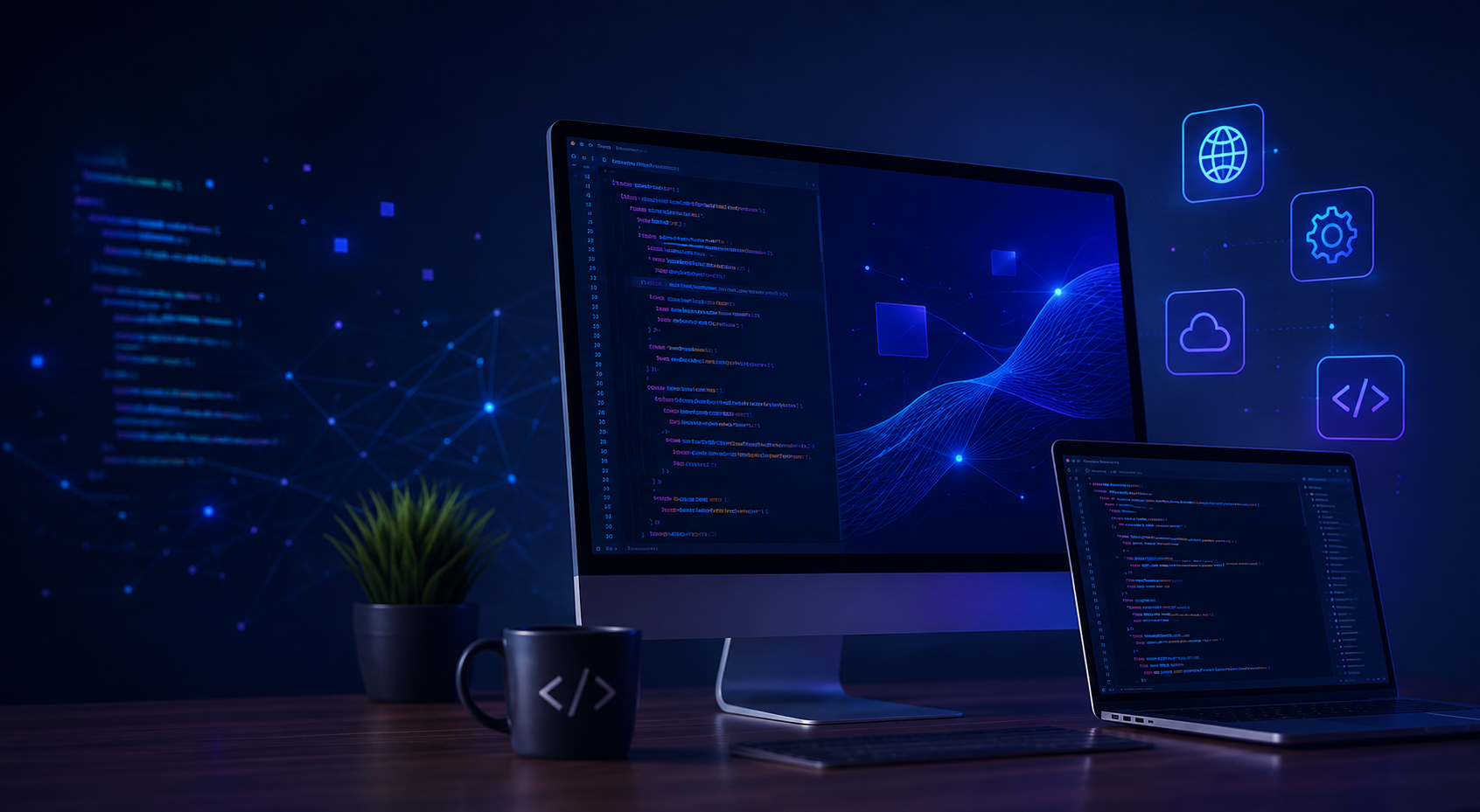 Dark tech workspace with a desktop monitor and laptop showing code, surrounded by glowing icons for web, cloud, settings, and development