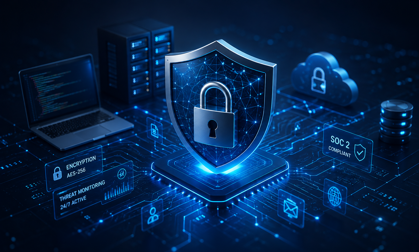 Digital illustration of a security shield with a padlock, surrounded by encryption, threat monitoring, and SOC 2 compliance icons