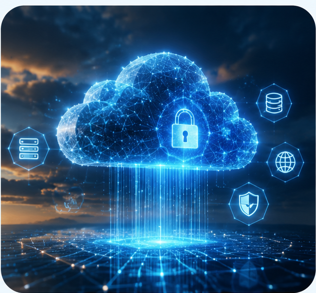 Glowing digital cloud with a security lock icon and network icons over a night sky