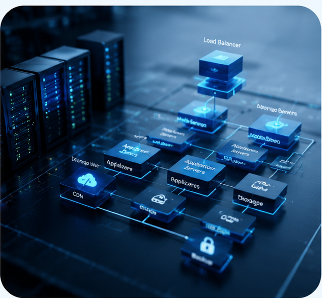 3D render of a distributed server architecture diagram with load balancer, app servers, CDN, and storage nodes
