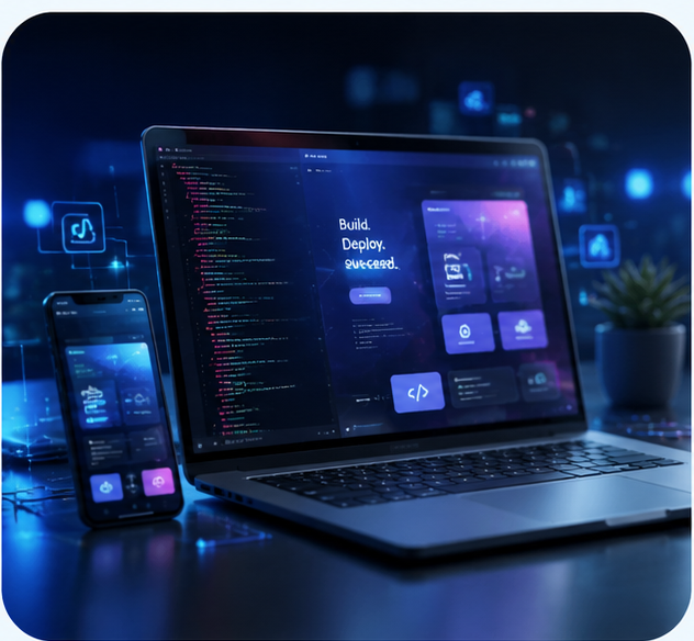 Laptop and phone displaying a dark, code-and-design interface with 'Build. Deploy. Succeed.' on screen